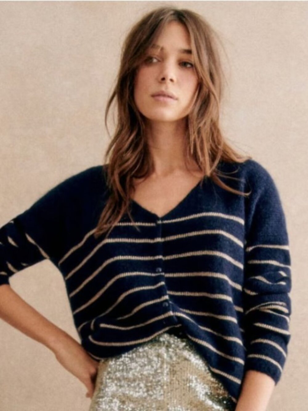 NEW Sezane Bary Sweater Jumper XS Mohair Alpaca Navy Blue Gold Stripe